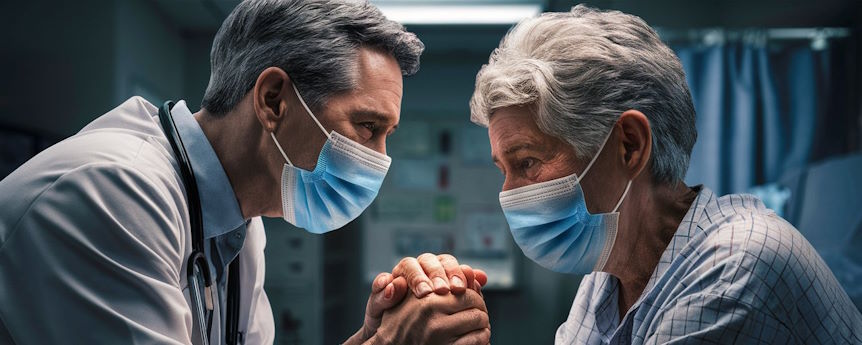 Un doctor sujetando la mano de una paciente con la típica expresión de Parkinson, con mascarillas. Imagen generada por campusMVP.es.